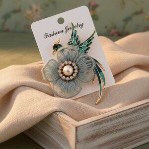 Luxury Bird Flower Brooch Pin with Pearl & Rhinestone